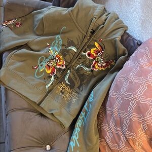 Olive Green Ed Hardy Graphic Hoodie with Floral Design
